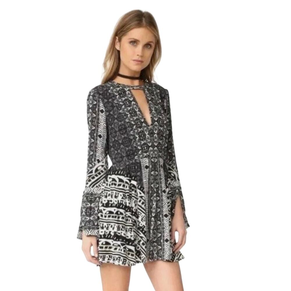 FREE PEOPLE Women’s Tegan Long Sleeve Black Geo Print Boho Mini Dress